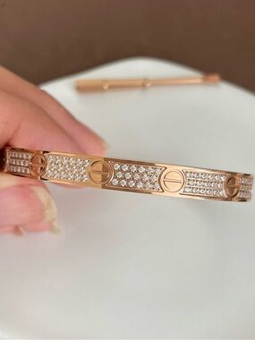 Pavé Crystal Rose Gold Screw-Accent Bangle Bracelet